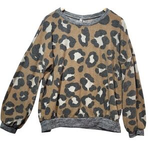 Sunday Morning Women Leopard Print Crewneck Sweatshirt Tan Grey Medium T70132